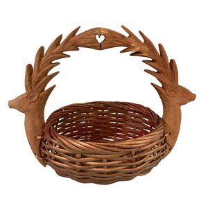 Woven Basket with Wooden Deer Heads Handle Gold Farmhouse Country Lodge